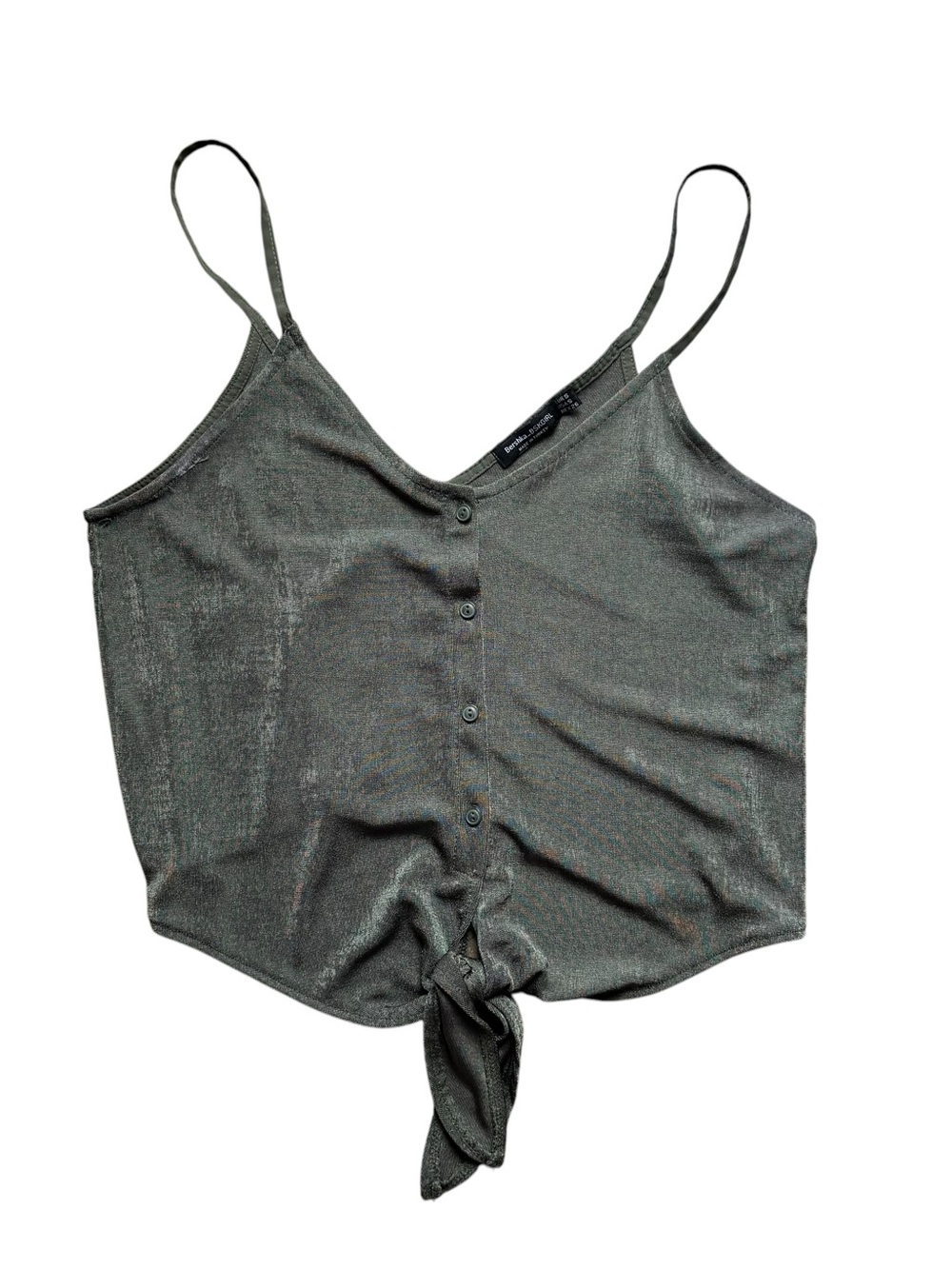 Bershka Olive Metallic Button-Front Cami Crop Top Size S - Soft Luxury Silk Feel